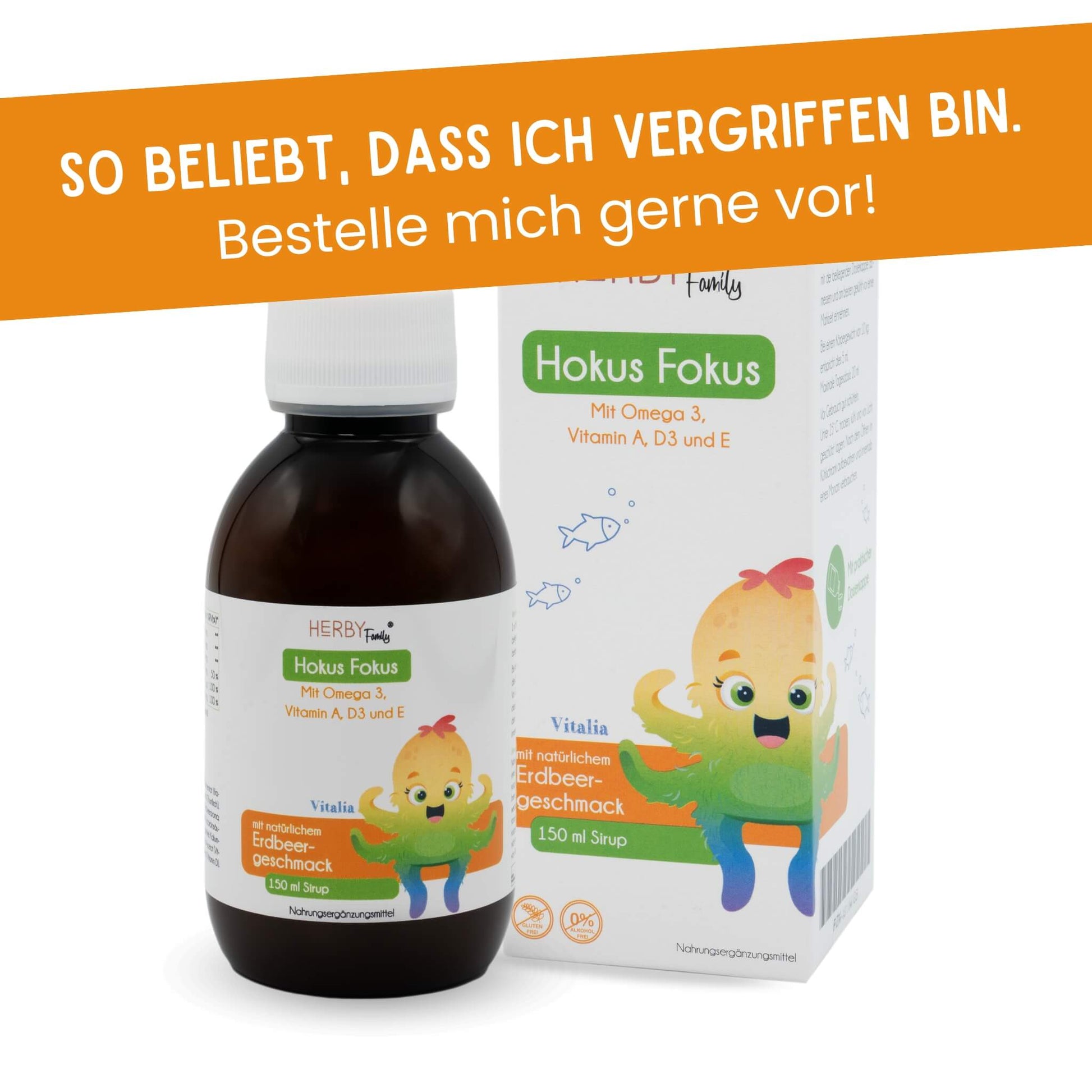 Flasche Hokus Fokus Sirup für Kinder mit Omega 3 mit Faltschachtel