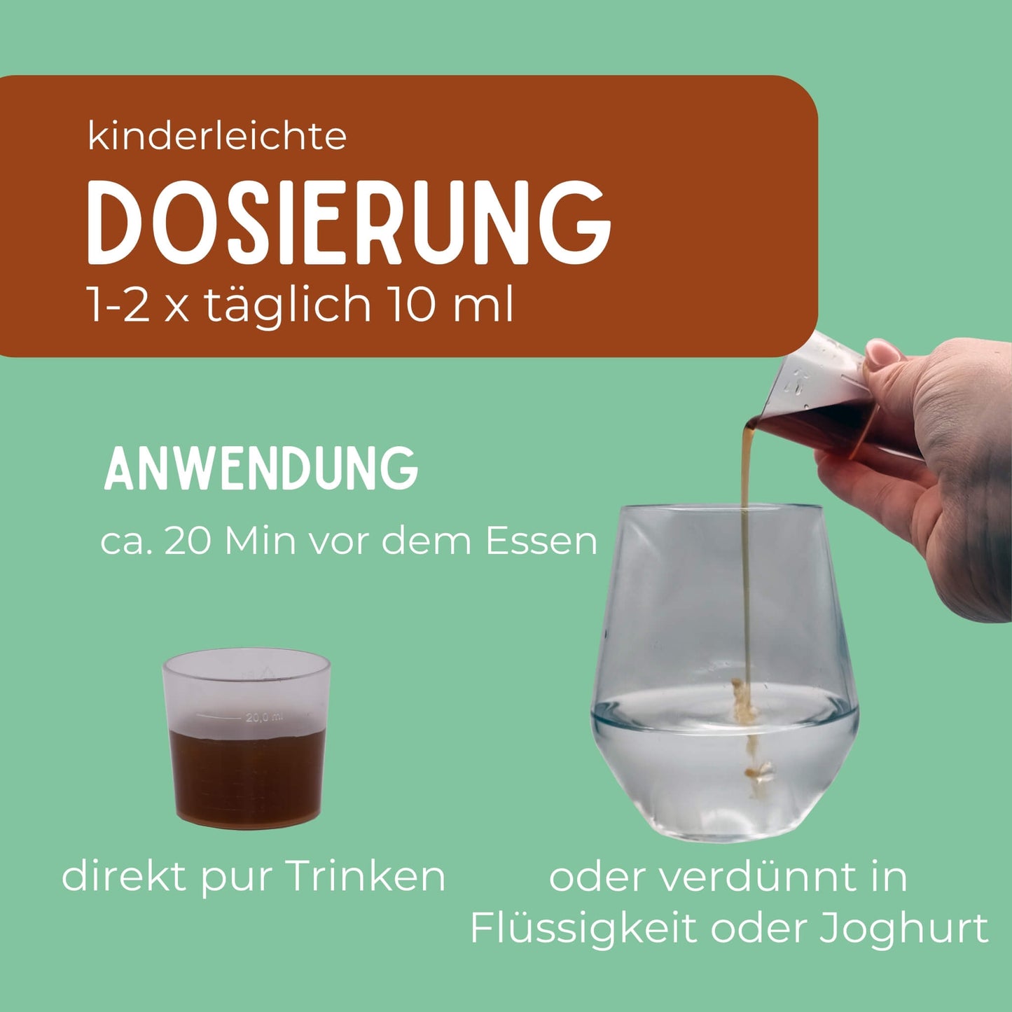 Dosierbecher gefüllt mit ohlalax_Sirup und wie er in Glas mit Flüssigkeit verdünnt werden kann.