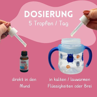 Dosierung der BabyBiotik Tropfen, entweder direkt in den Mund oder eingerührt in kühlen bis lauwarmen Flüssigkeiten