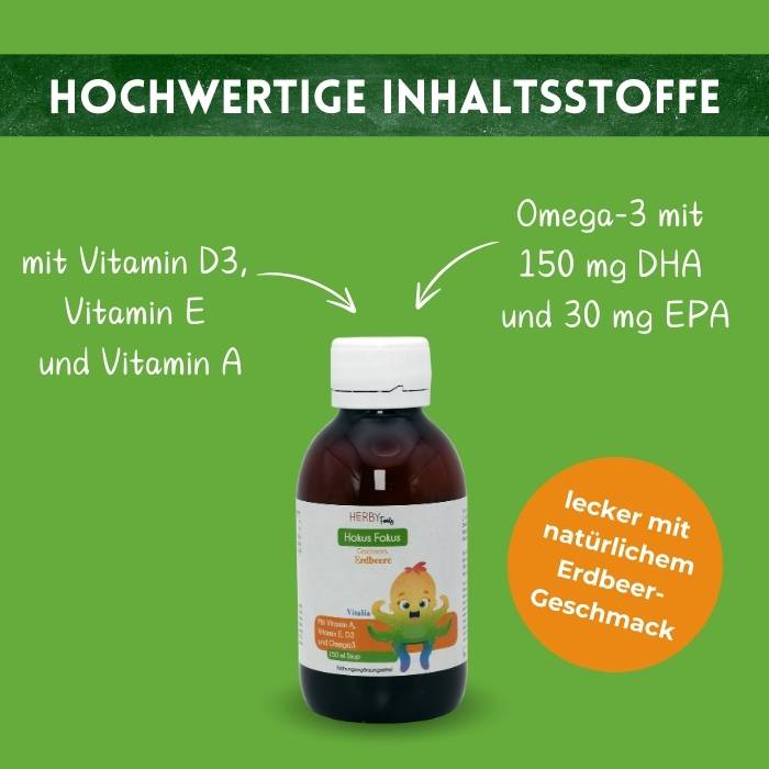 Hokus Fokus Flasche mit Pfeilen, die die Inhaltsstoffe zeigen