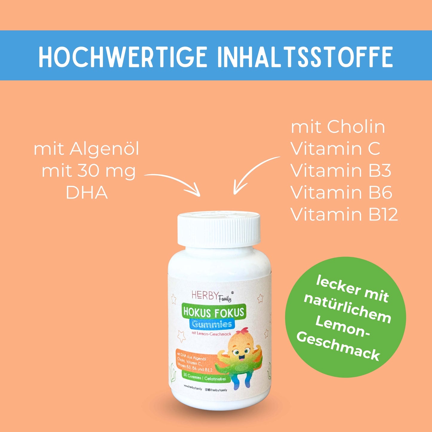 Hokus Fokus Gummies Inhaltsstoffe: 30 mg DHA aus Algenöl, Cholin, Vitamin C, B3, B6 und B12 für Kinder