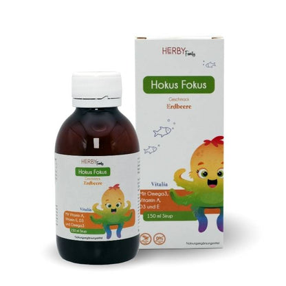 Flasche Hokus Fokus Sirup für Kinder mit Omega 3 mit Faltschachtel