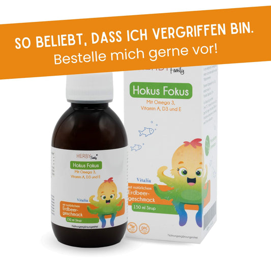 Flasche Hokus Fokus Sirup für Kinder mit Omega 3 mit Faltschachtel