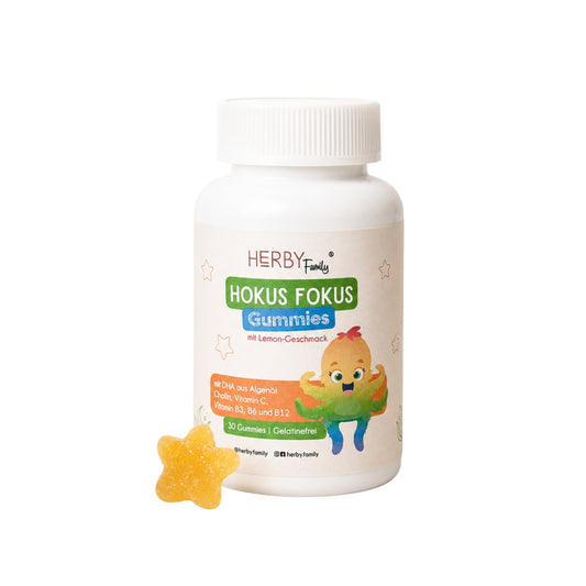 Hokus Fokus Gummies von Herby Family, vegane Omega-3-Gummibärchen mit Algenöl, Vitamin C, B3, B6 und B12 für Kinder