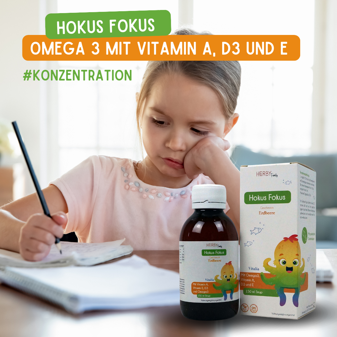 Omega-3-Fettsäuren für die Konzentration von Kindern mit Vitamin A, Vitamin D3 und Vitamin E
