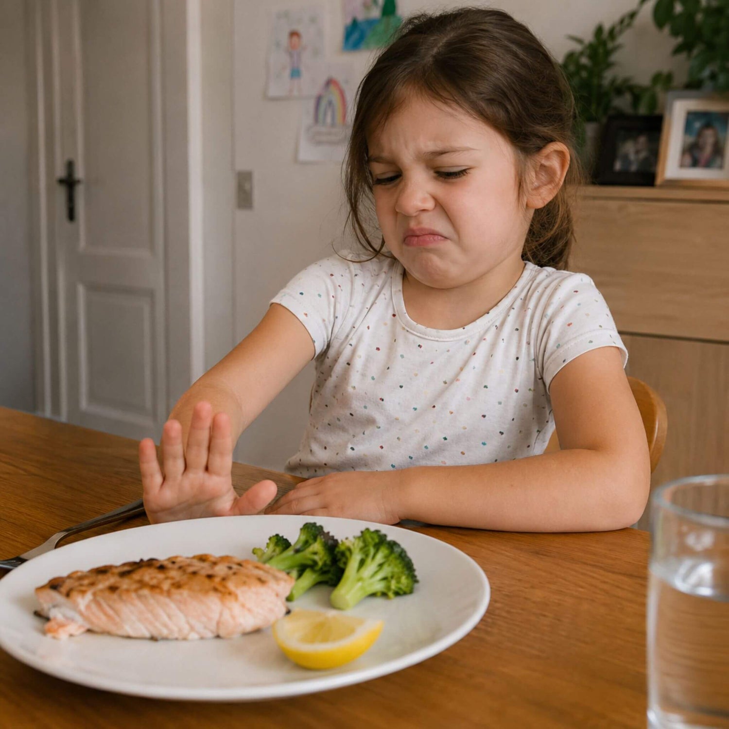 Kind lehnt Fisch auf dem Teller ab, Omega-3-Versorgung ohne Fischkonsum sicherstellen