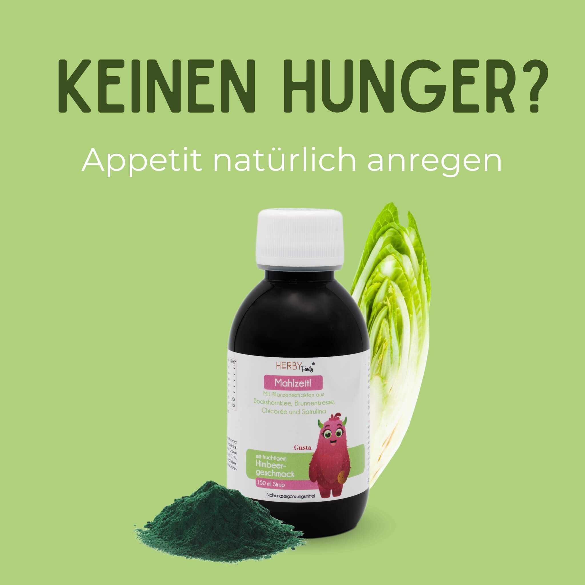 Mahlzeit-Sirup Flasche mit Spirulina Pulver und halbem Chicoree mit Titel "keinen Hunger? - Appetit natürlich anregen"