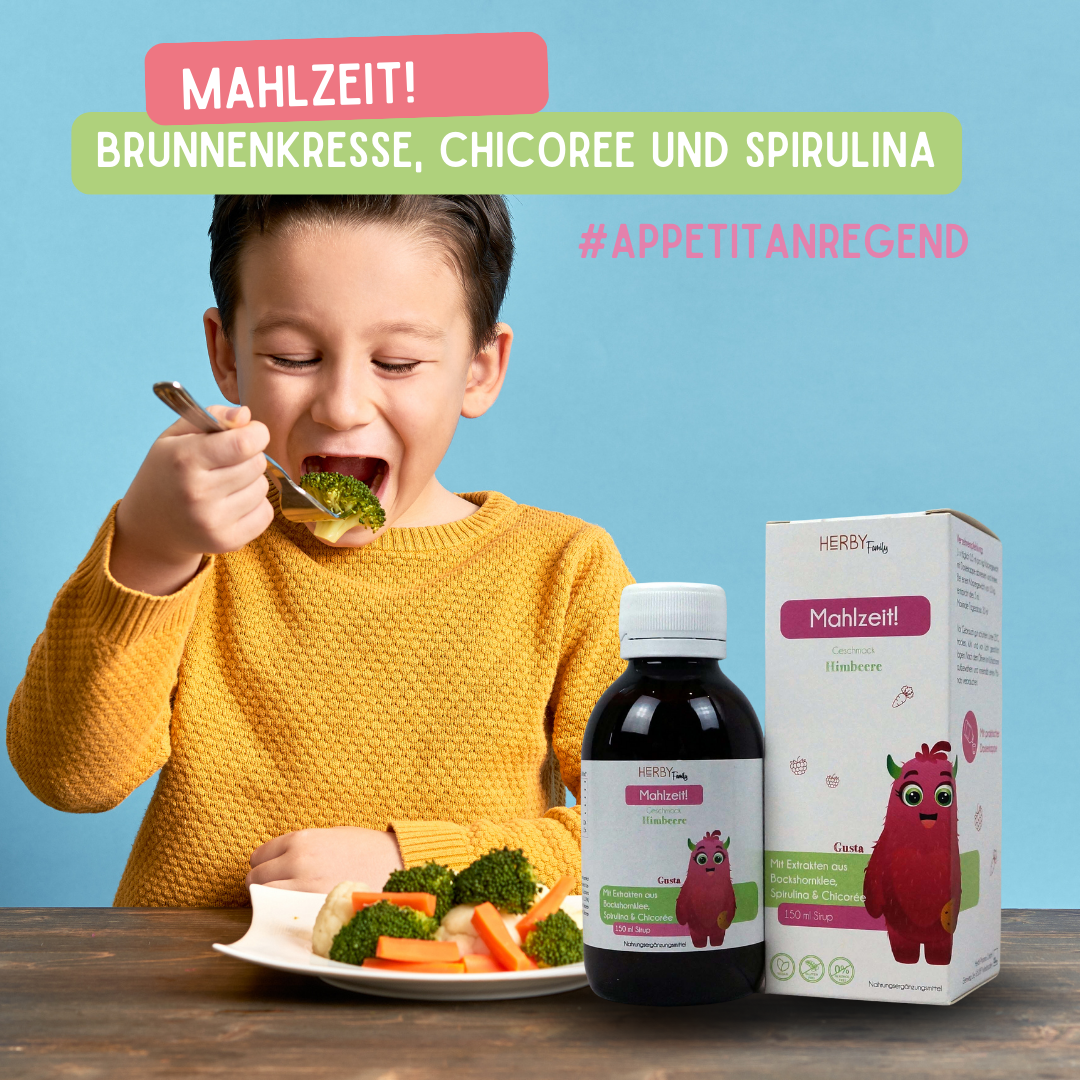 Kind das Isst mit Appetit anregendem Produkt Mahlzeit von Herby Family für Kinder ab Beikost mit Bitterstoffen