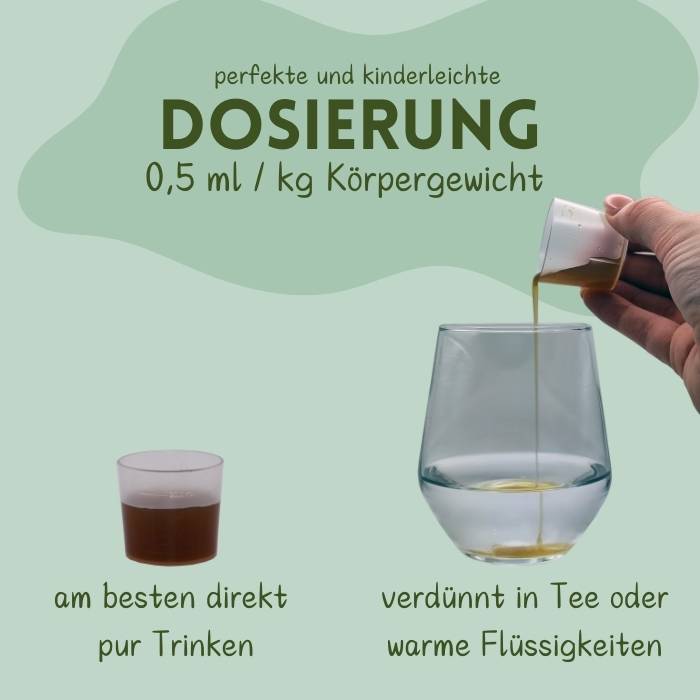 Dosierbecher gefüllt mit Mirakelix Sirup und Glas in dem der Sirup in Flüssigkeit verdünnt wird. 