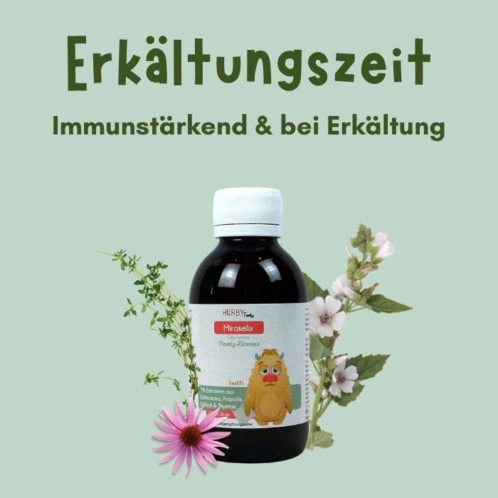 Mirakelix Flasche mit Eibischblüte, Thymianzweig und Eibischblüten in der Erkältunszeit