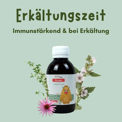 Mirakelix Flasche mit Echinaceablüte, Thymianzweig und Eibischblüten in der Erkältunszeit