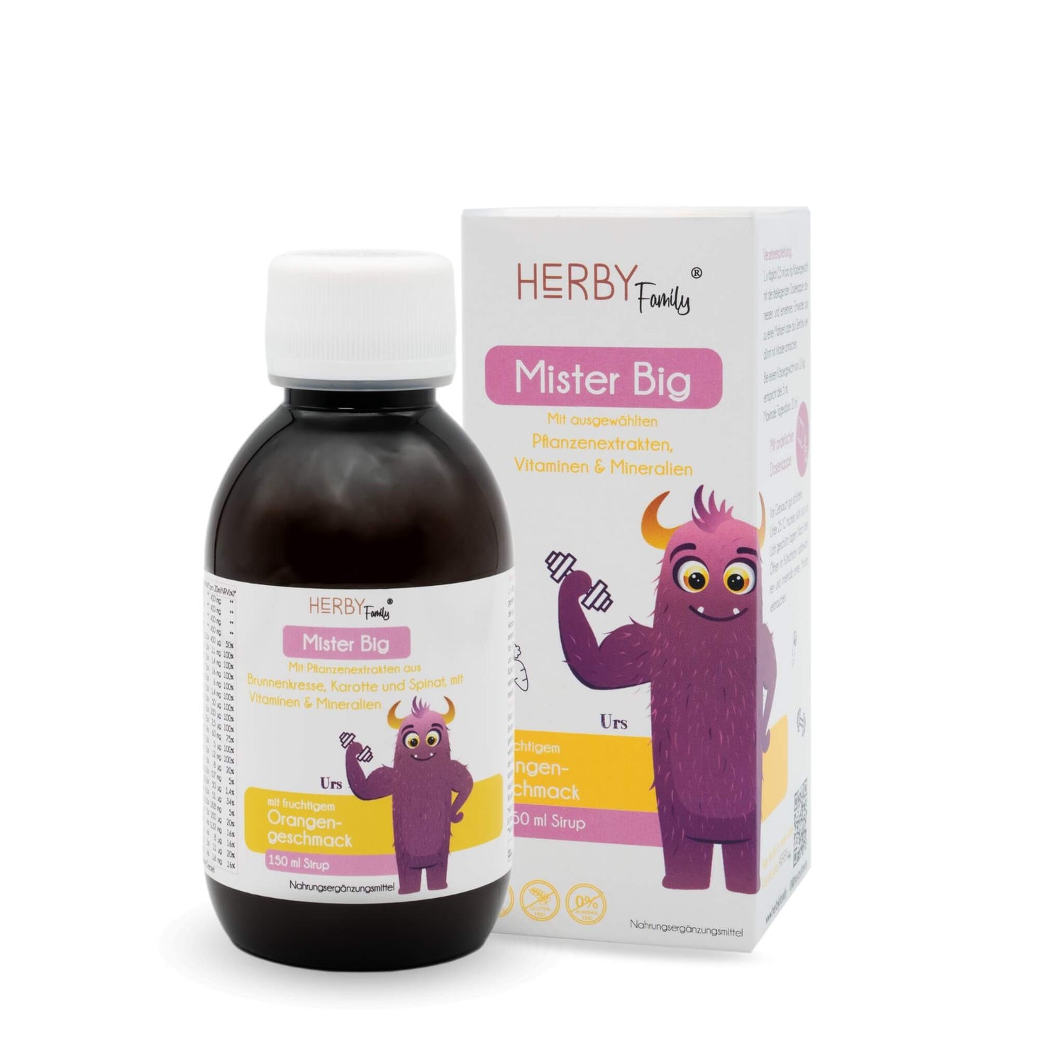 Flasche des Mister Big Multivitamin Sirup mit Faltschachtel