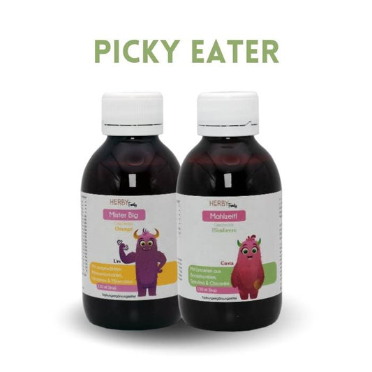 Das Picky Eater Set für Kinder besteht aus je einer Flasche Mister Big und einer Flasche Mahlzeit! Sirup