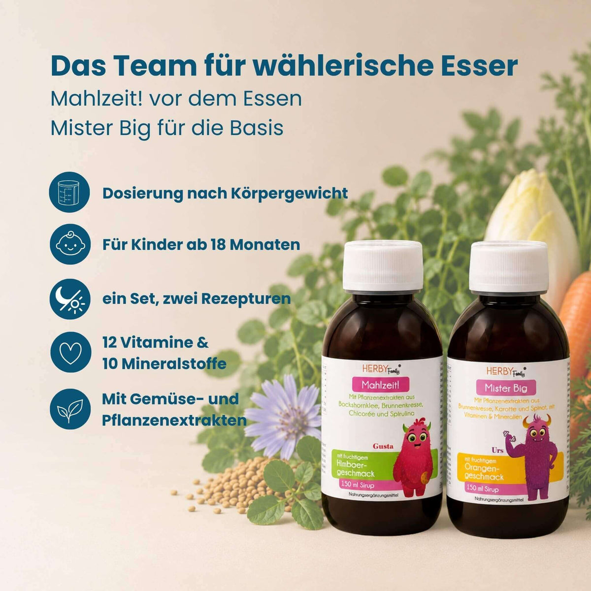 Picky Eater Set von HERBY Family für wählerische Esser: Mahlzeit! und Mister Big mit 12 Vitaminen, 10 Mineralstoffen und Pflanzenextrakten, für Kinder ab 18 Monaten