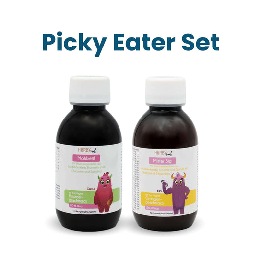 HERBY Family Picky Eater Set für Kinder: zwei Flaschen Sirup, Mahlzeit! mit Himbeergeschmack und Mister Big mit Orangengeschmack, je 150 ml