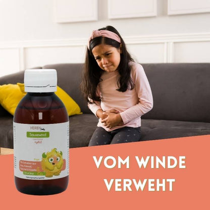 Kind das sich vor Schmerz den Bauch hält und Sausewind Flasche im Vordergrund