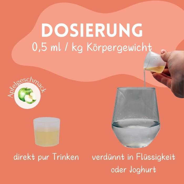 Dosierbecher mit Sausewind Sirup und Glas mit Flüssigkeit in dem der Sirup verdünnt wird.