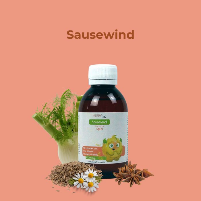 Sausewind Sirup von Herby Family mit Abbildung der pflanzlichen und natürlichen Inhaltstoffe wie Fenchel, Kümmel, Anis und Kamille die bei Verdauungsbeschwerden, Blähungen und Bauchschmerzen helfen können.