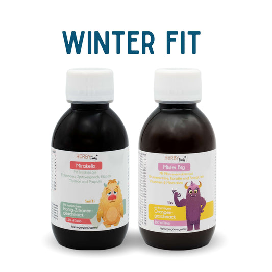Auf dem Bild die beiden Produkte des Winter Fit Bundles: Mirakelix und Mister Big, jeweils für Kinder