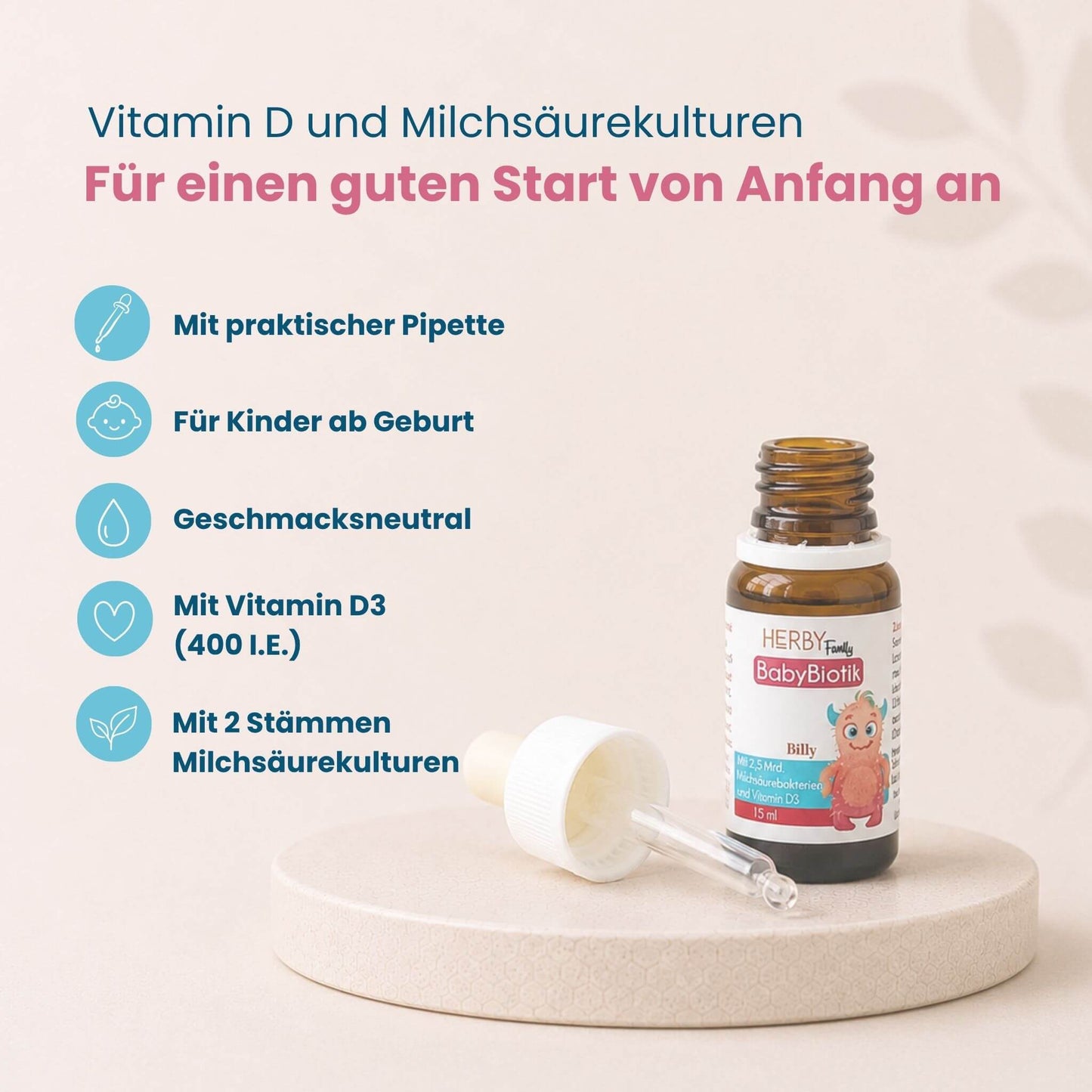 BabyBiotik Fläschchen mit Pipette, geschmacksneutrale Tropfen mit Vitamin D3 und zwei Milchsäurekulturen für einen guten Start von Anfang an