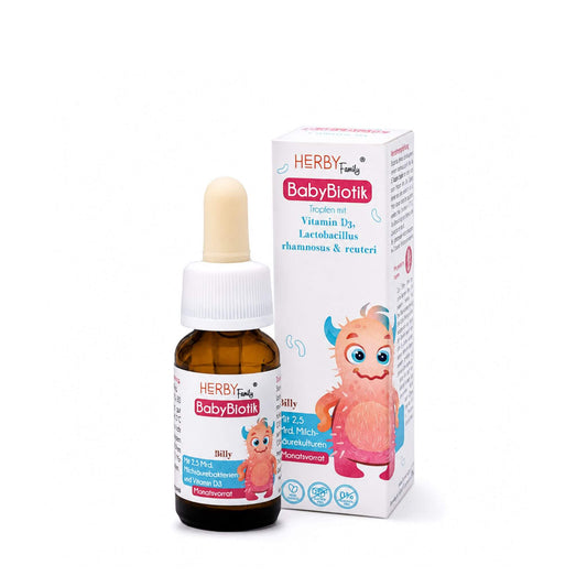 Herby Family BabyBiotik Tropfen mit Vitamin D3 und Milchsäurekulturen, Fläschchen mit Pipette und Verpackung