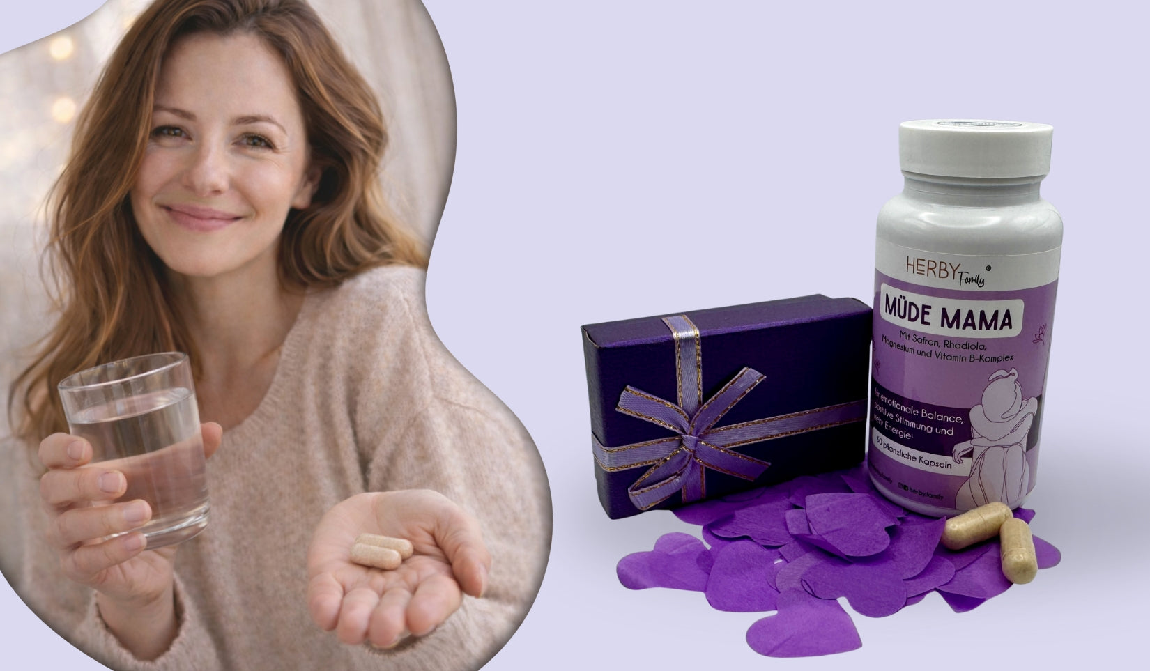 Frau hält Wasser und 2 Kapseln in der Hand daneben steht eine Dose mit Müde Mama Kapseln und eine Geschenkverpackung