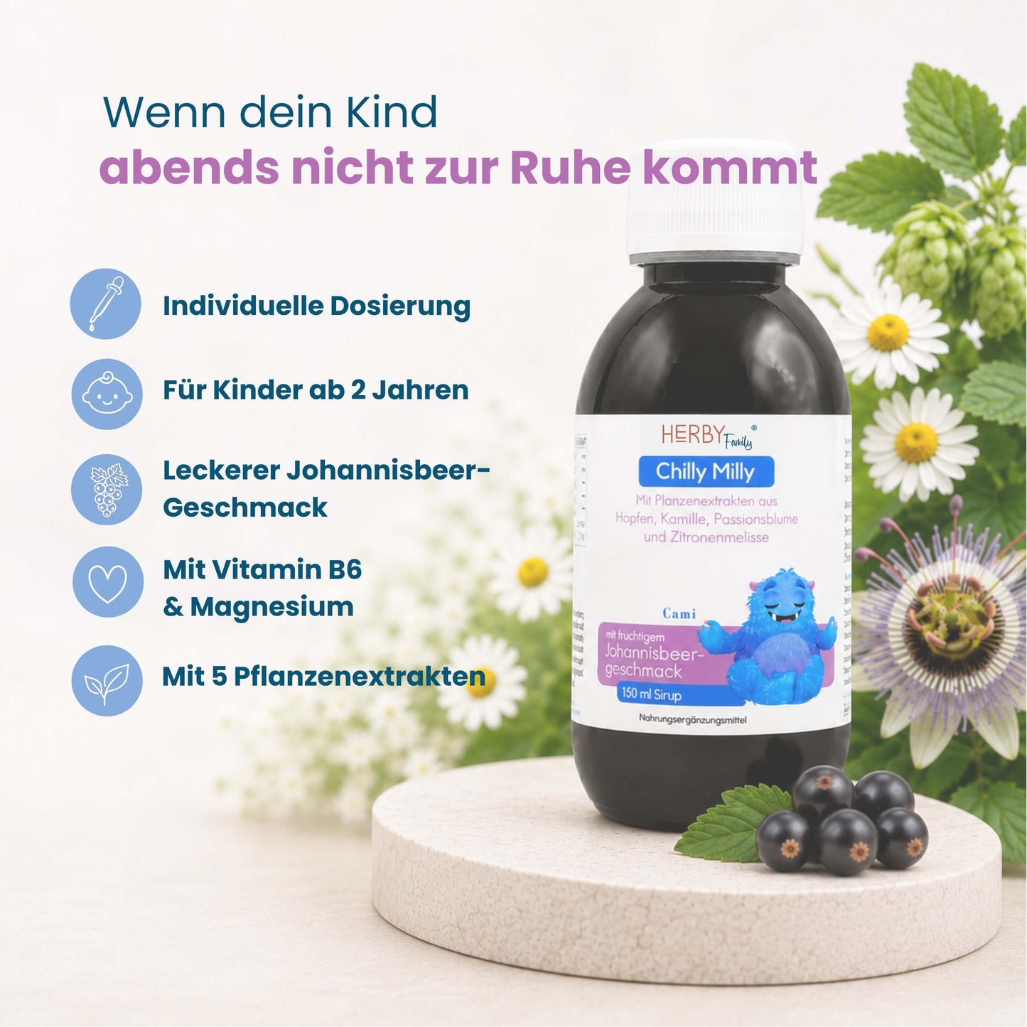 Chilly Milly Sirup mit Hopfen, Kamille, Passionsblume und Zitronenmelisse, für Kinder ab 2 Jahren