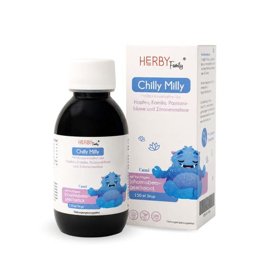 Chilly Milly Nahrungsergänzungsmittel für Kinder, Flasche und Faltschachtel mit Cami-Monster