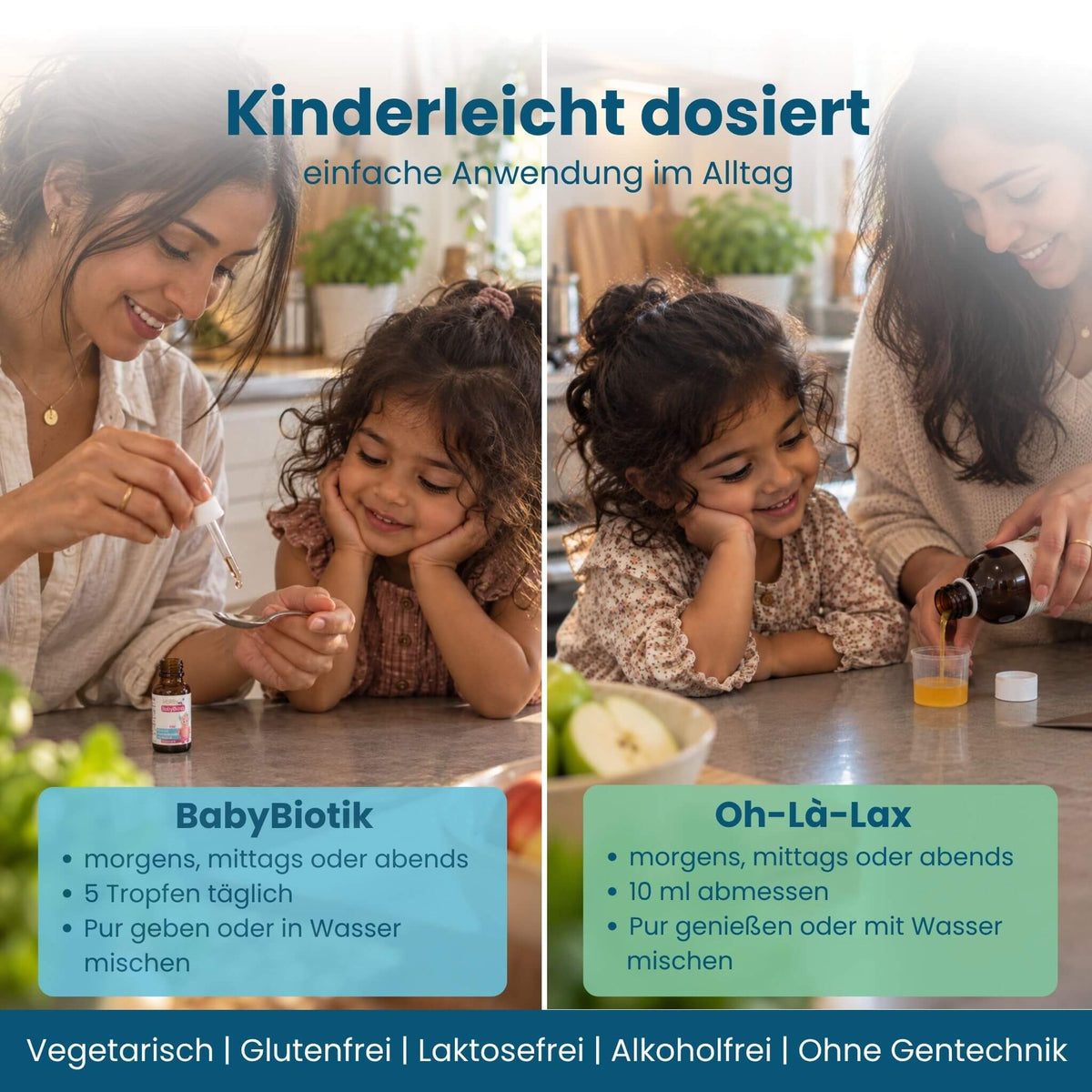 Dosierung Happy Poop Set: Mutter gibt 5 Tropfen BabyBiotik auf einen Löffel und misst 10 ml Oh-Là-Lax Sirup im Messbecher ab, je einmal täglich