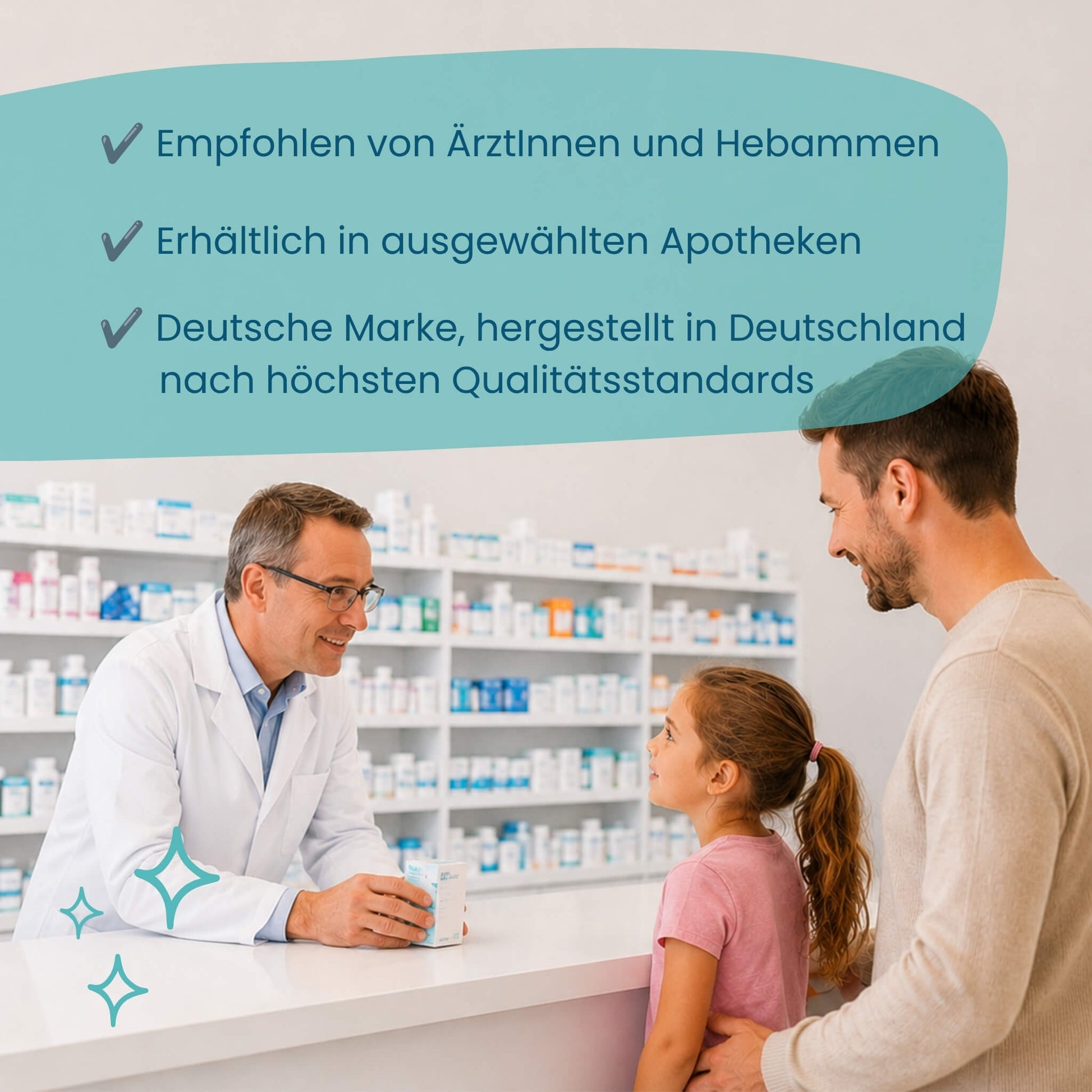 Vater und Tochter in der Apotheke, HERBY Family Elektrolyte in ausgewählten Apotheken erhältlich