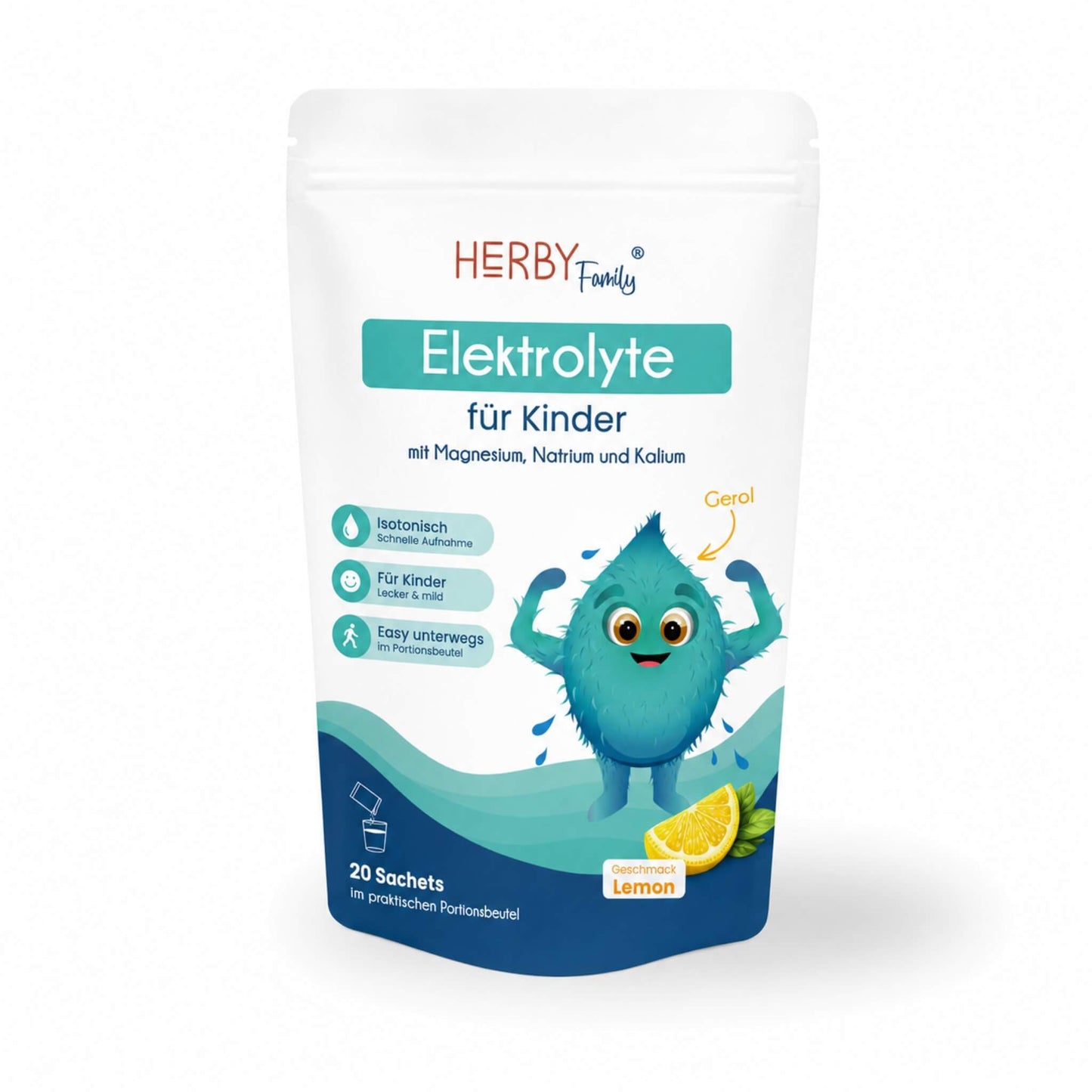HERBY Family Elektrolyte für Kinder, Geschmack Lemon, Verpackung mit 20 Portionsbeuteln