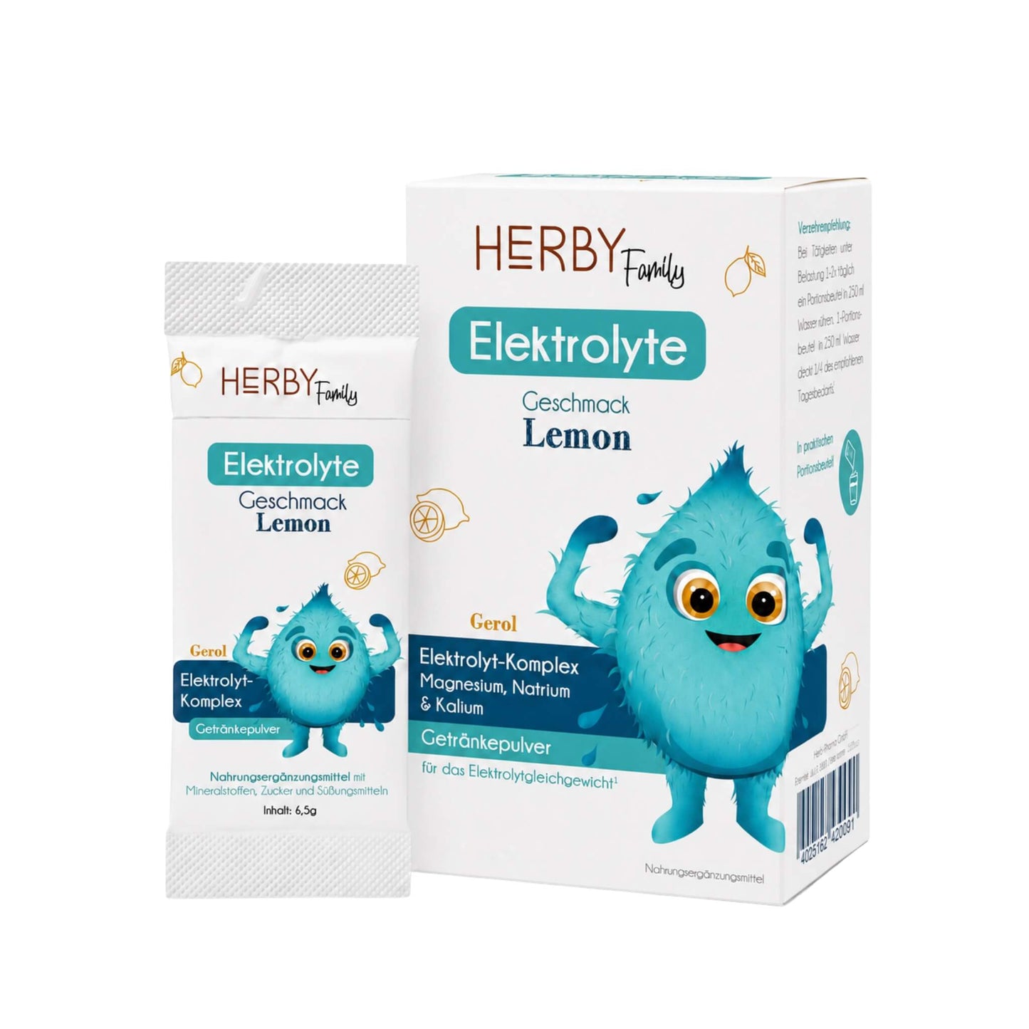 HERBY Family Elektrolyte Faltschachtel und Portionsbeutel, Geschmack Lemon, Nahrungsergänzungsmittel
