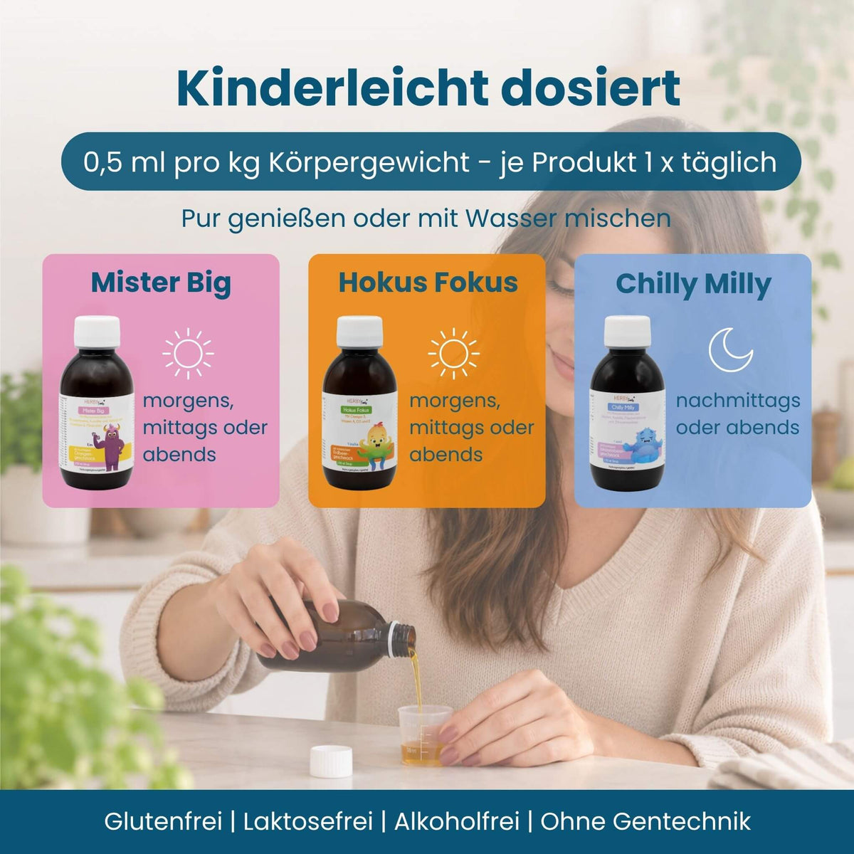 Mutter dosiert HERBY Family Kindersirup mit Messbecher: 0,5 ml pro kg Körpergewicht, einmal täglich, pur oder mit Wasser. Mister Big und Hokus Fokus tagsüber, Chilly Milly nachmittags oder abends