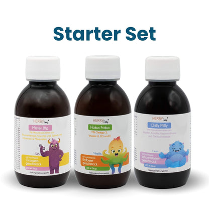 HERBY Family Starter Set: drei Kindersirupe à 150 ml, Mister Big mit Orangengeschmack, Hokus Fokus mit Erdbeergeschmack und Chilly Milly mit Johannisbeergeschmack