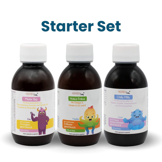 HERBY Family Starter Set: drei Kindersirupe à 150 ml, Mister Big mit Orangengeschmack, Hokus Fokus mit Erdbeergeschmack und Chilly Milly mit Johannisbeergeschmack