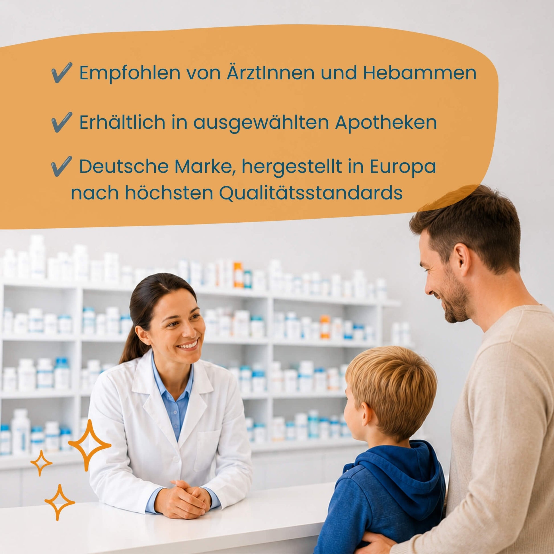 Apothekerin berät Vater und Kind, Hokus Fokus erhältlich in ausgewählten Apotheken