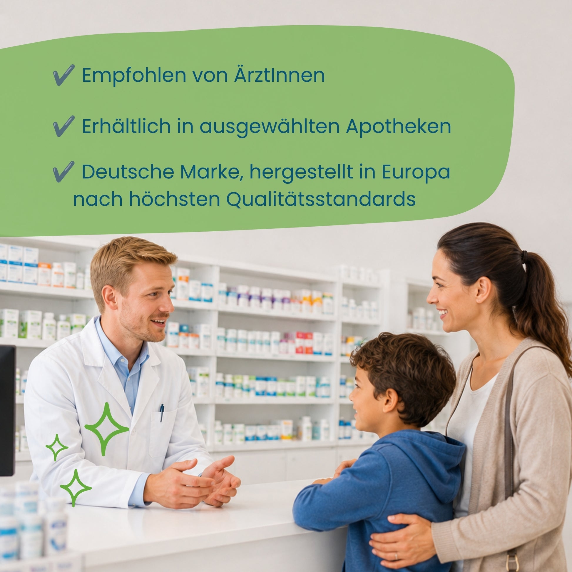 Apothekerin berät Mutter und Kind zu Hokus Fokus Gummies, empfohlen von Ärzten