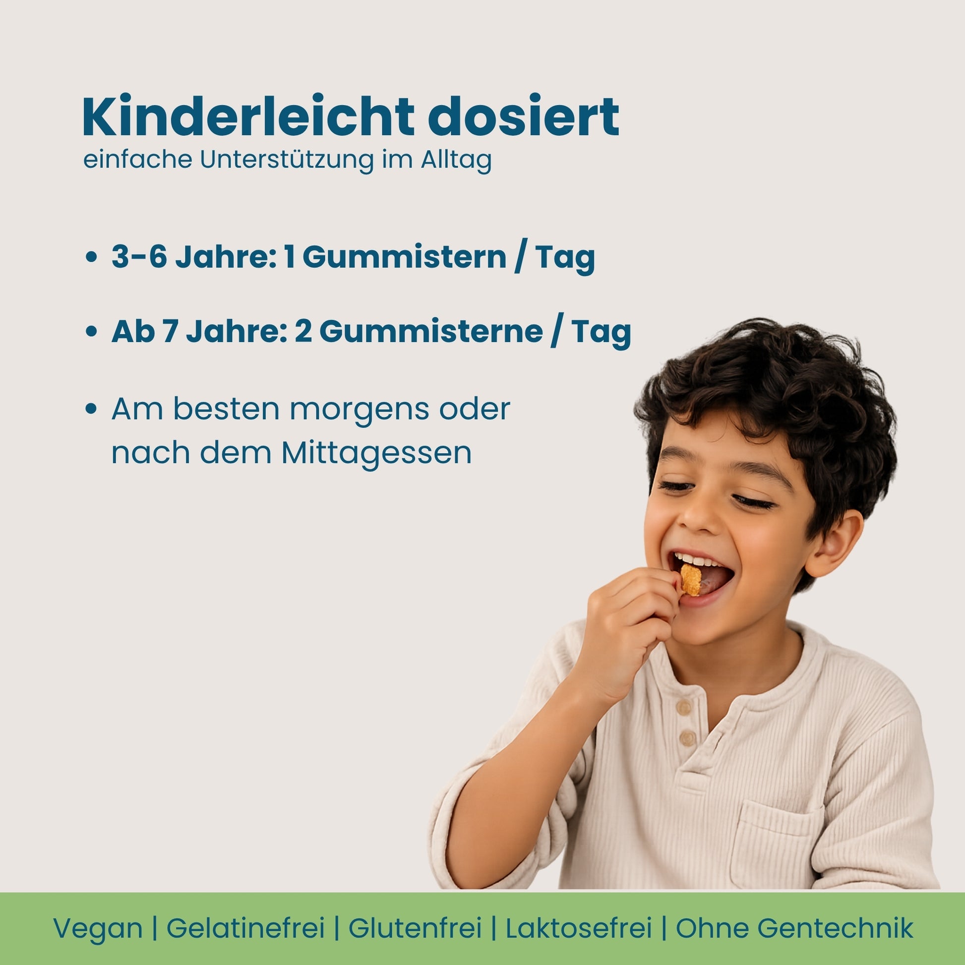 Kind isst einen Hokus Fokus Gummistern, kinderleichte Dosierung nach Alter für 3 bis 6 und ab 7 Jahre