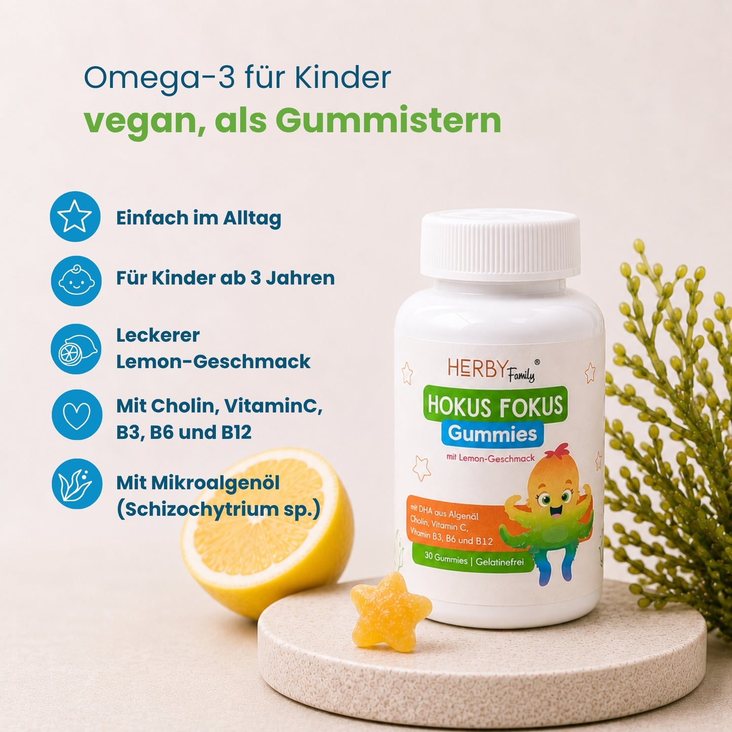 Hokus Fokus Gummies mit Lemon-Geschmack, vegan aus Mikroalgenöl, für Kinder ab 3 Jahren