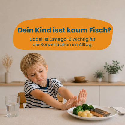 Kind lehnt Fisch auf dem Teller ab, Omega-3-Versorgung für Kinder ohne Fischkonsum sicherstellen