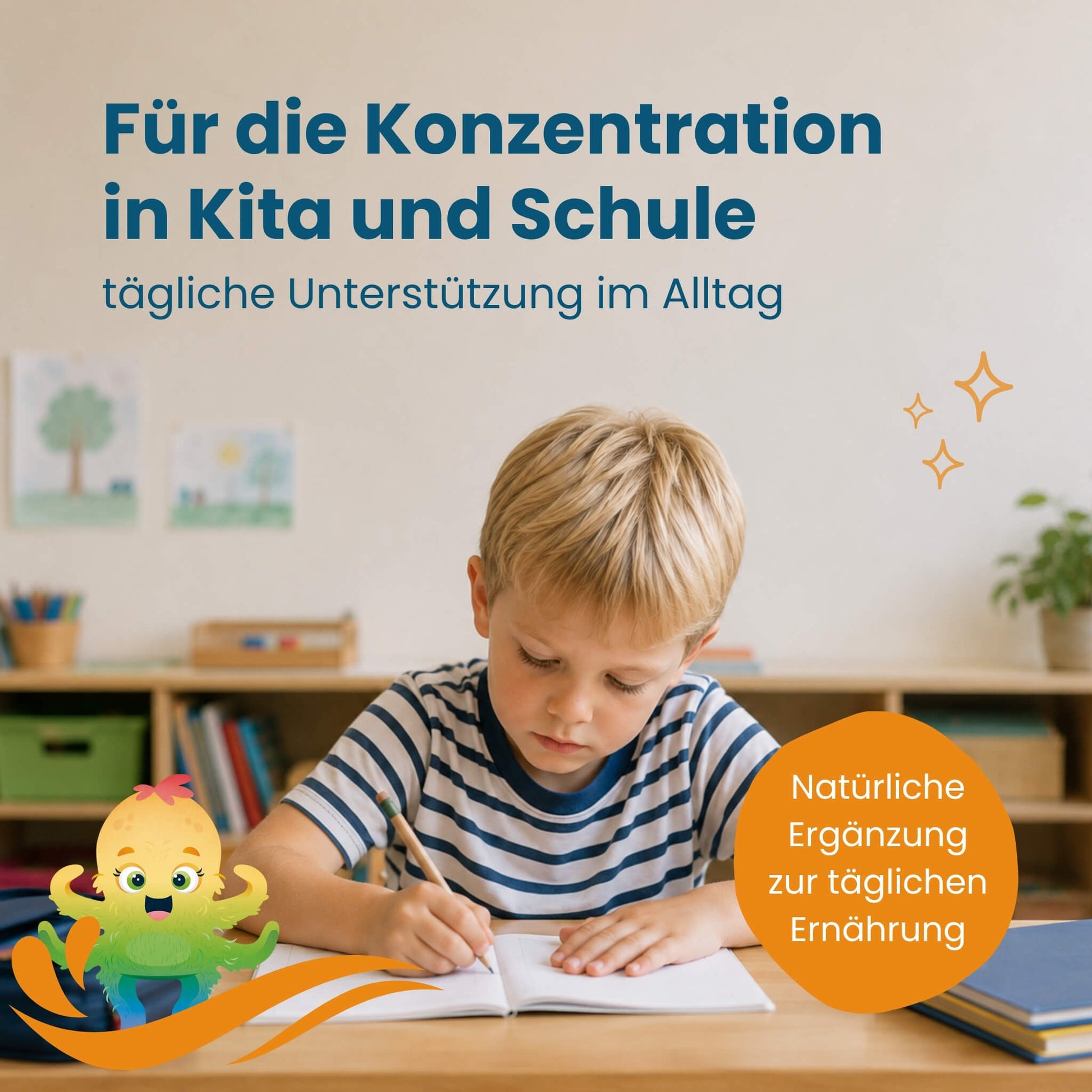 Kind schreibt konzentriert in ein Heft, Hokus Fokus als tägliche Ergänzung für Kita und Schule