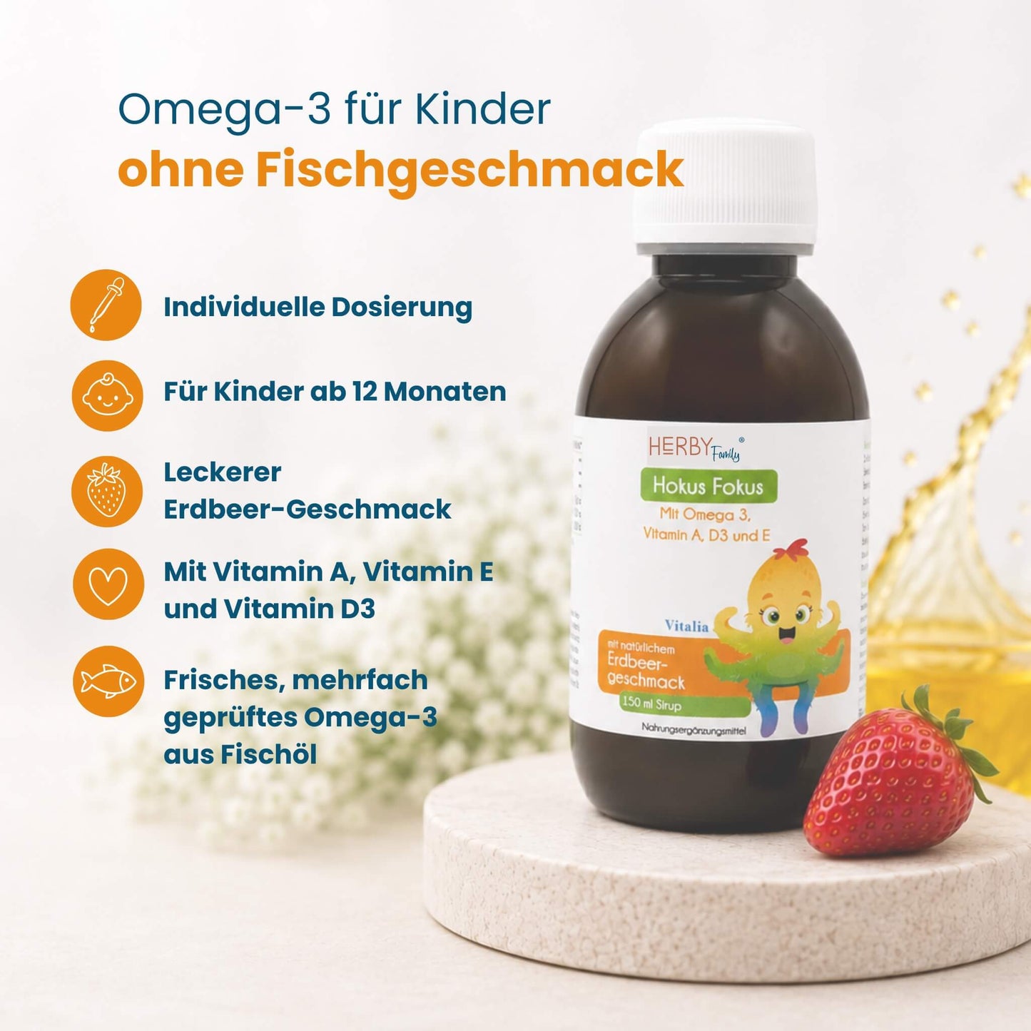 Hokus Fokus Omega-3 Sirup für Kinder mit Erdbeergeschmack, ohne Fischgeschmack