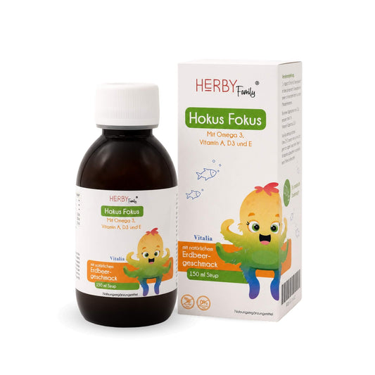 Hokus Fokus Omega-3 Kindersaft von Herby Family, 150 ml Flasche und Verpackung, Erdbeergeschmack