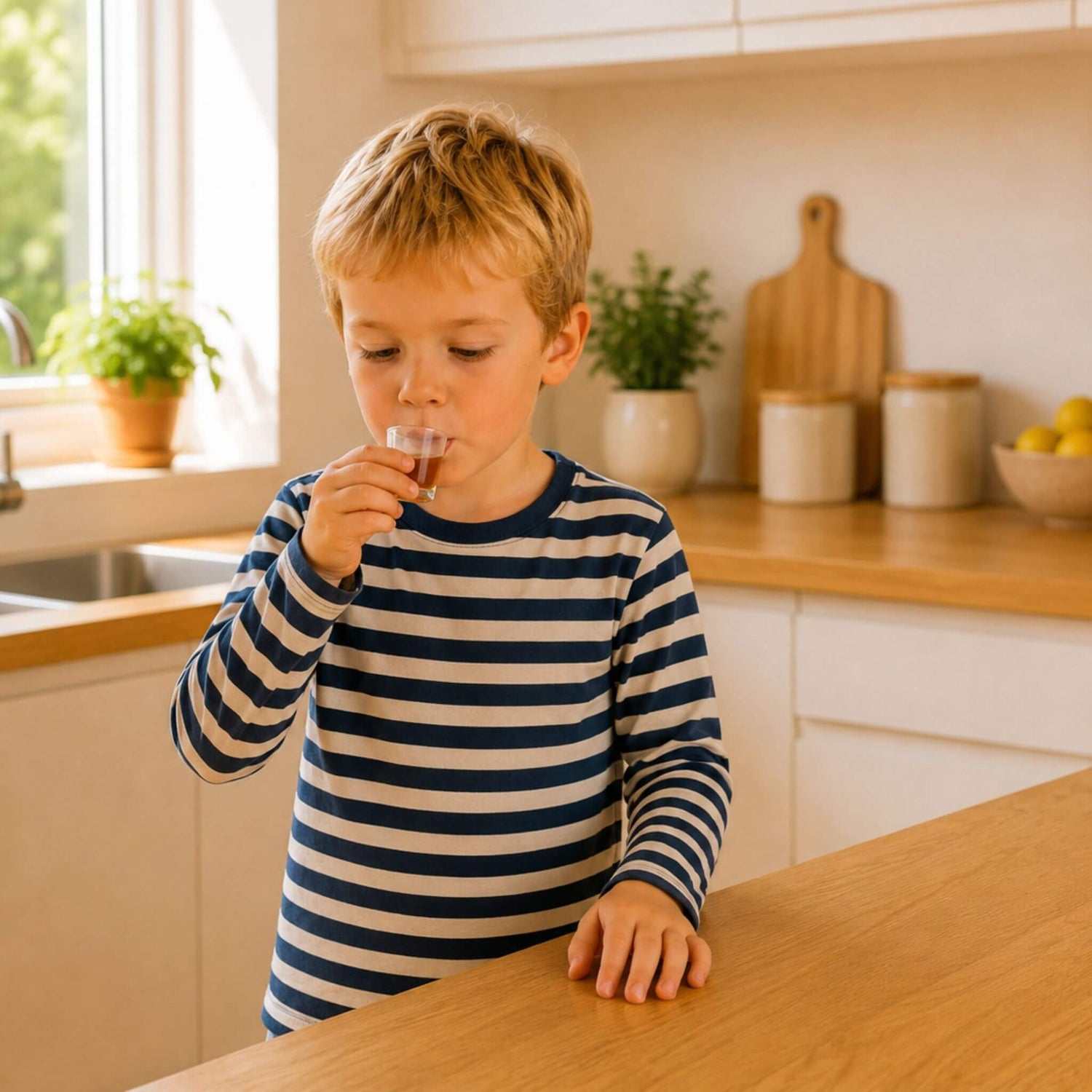Kind trinkt Hokus Fokus Omega-3 Sirup aus Dosierbecher in der Küche, Nahrungsergänzung für Kinder