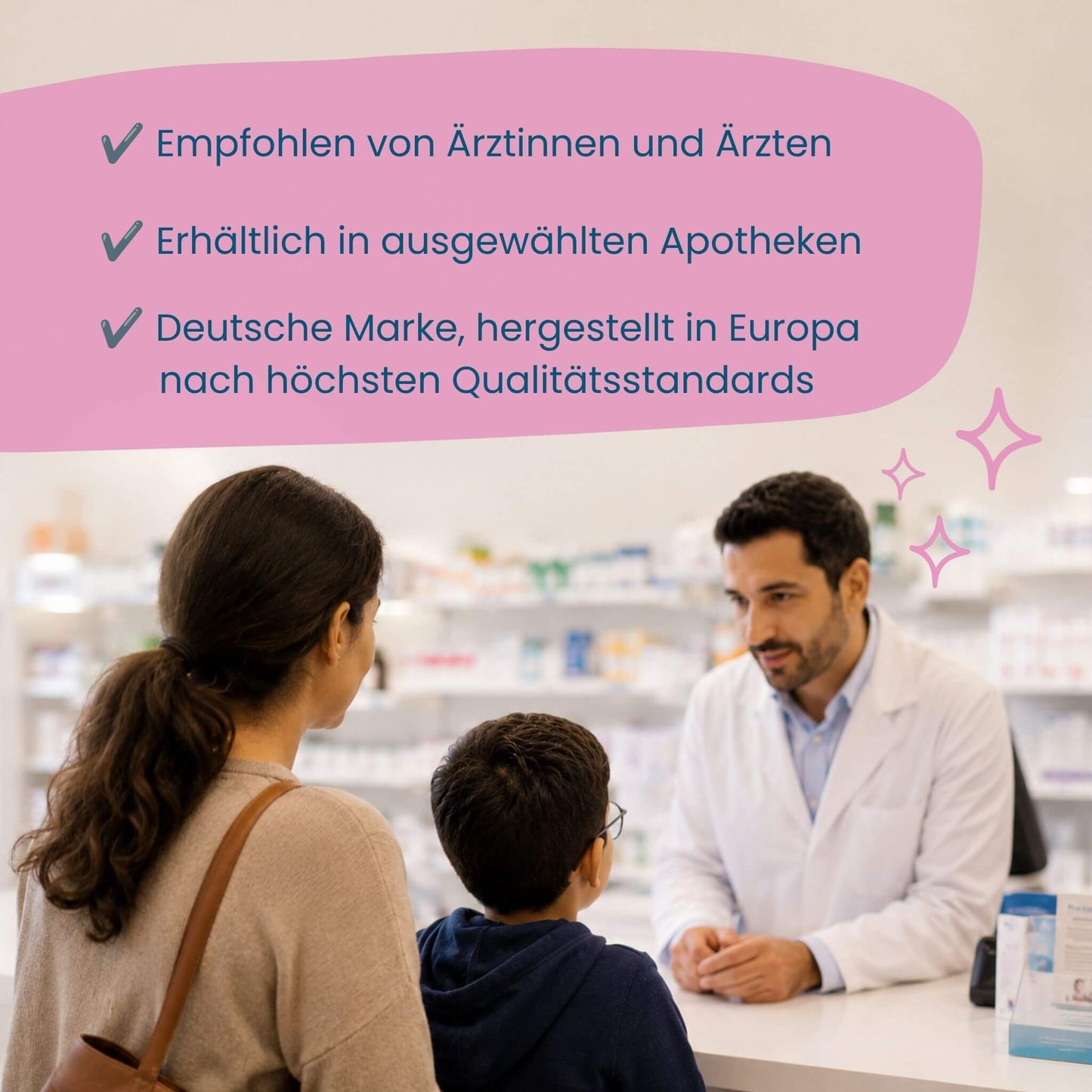 Apotheker berät Mutter und Kind zu Mister Big, empfohlen von Ärztinnen und Ärzten