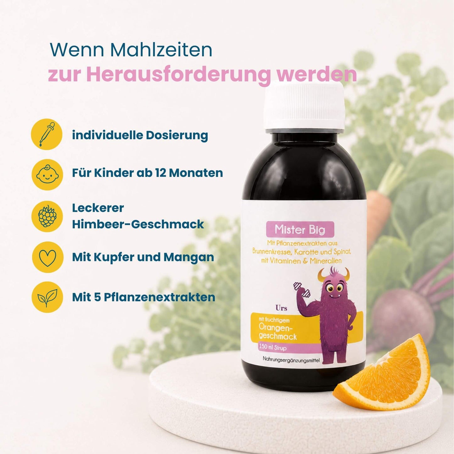 Mister Big Saft mit Pflanzenextrakten aus Brunnenkresse, Karotte und Spinat, für Kinder ab 12 Monaten