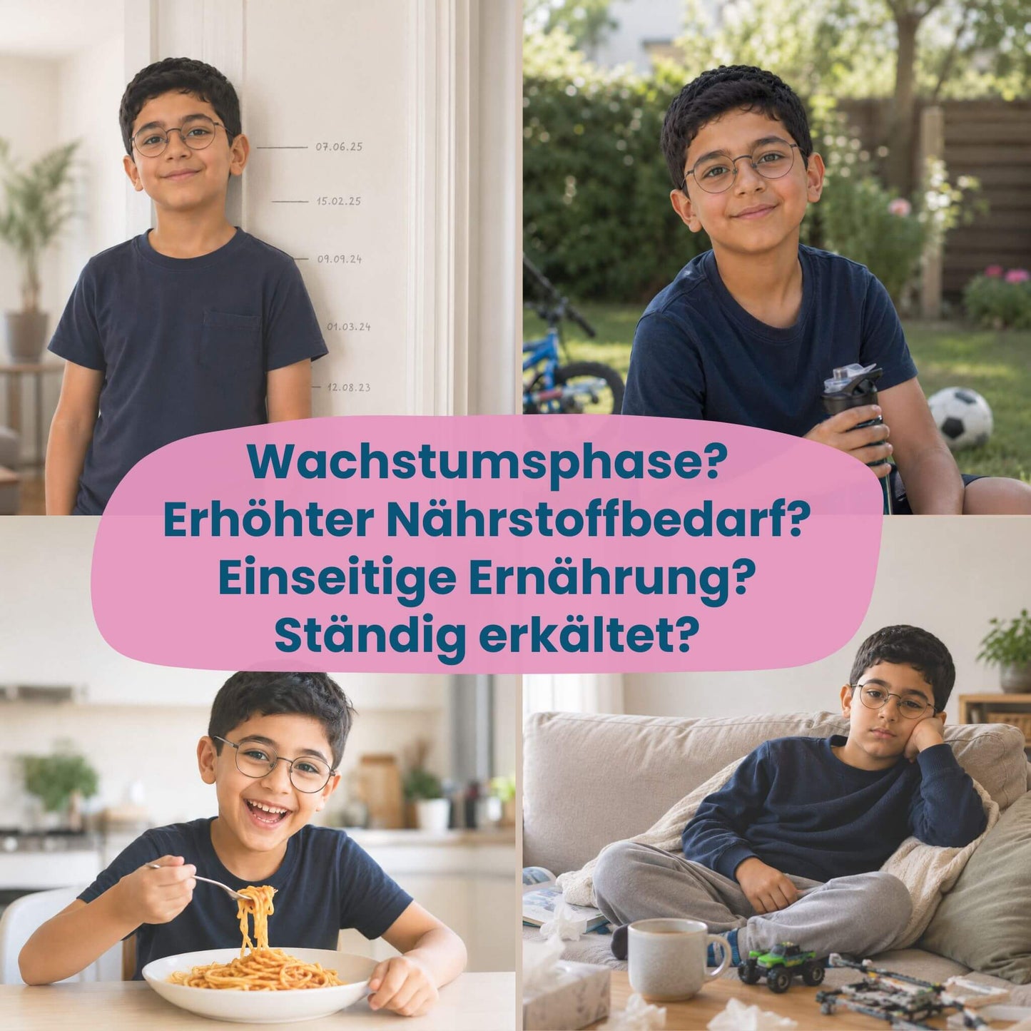Junge in vier Alltagssituationen, Wachstumsphase, einseitige Ernährung, erhöhter Nährstoffbedarf und Infektanfälligkeit bei Kindern