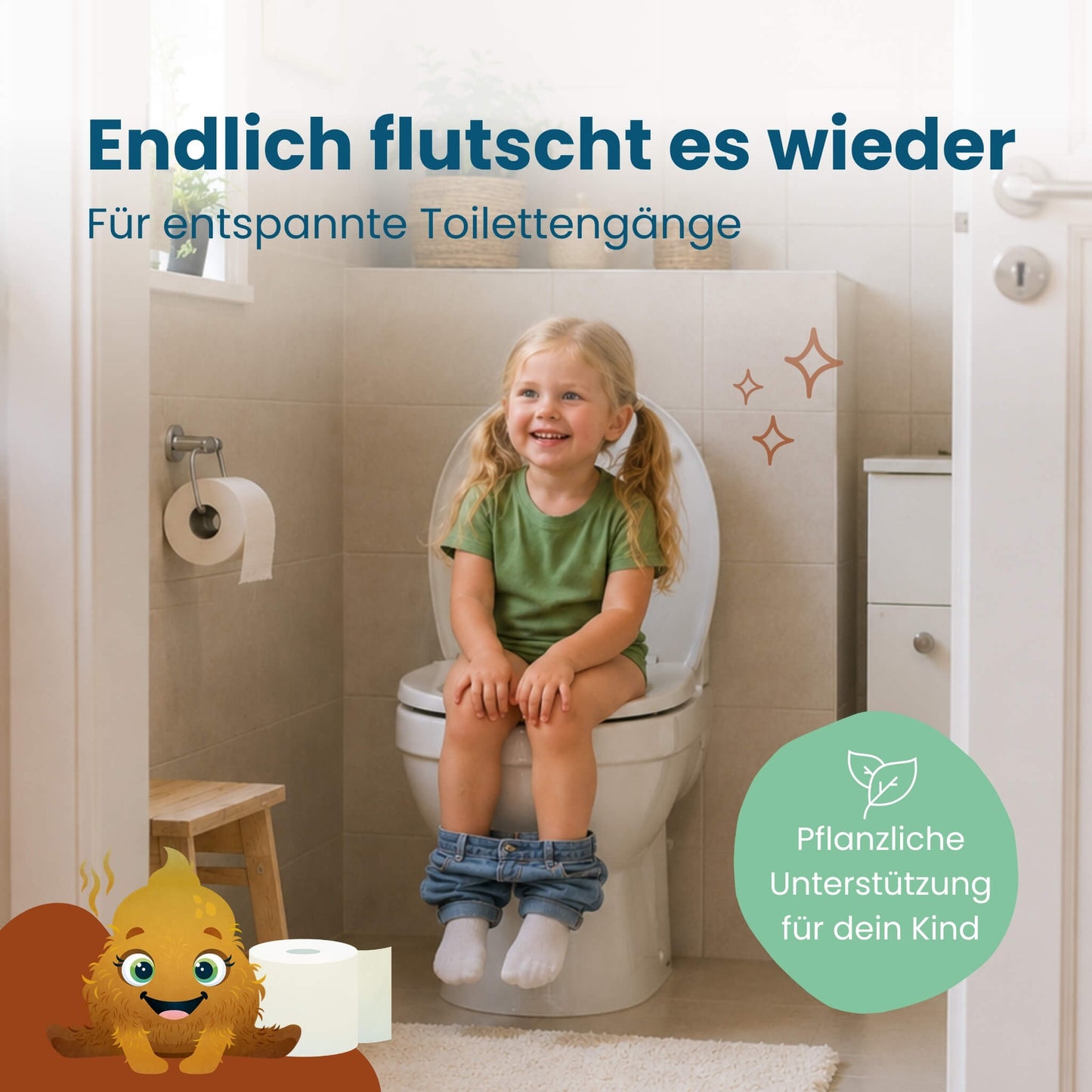 Kind sitzt entspannt und lächelnd auf der Toilette, Oh-La-Lax Nahrungsergänzungsmittel