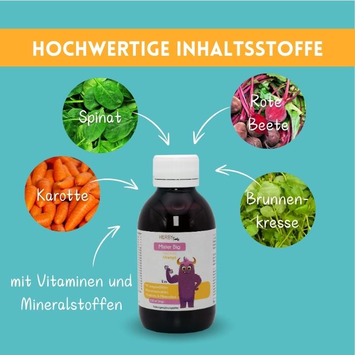 Mister Big enthält wichtige Vitamine und Mineralien, dazu Extrakte aus Karotte, Spinat und Roter Beete, sowie Brunnenkresse