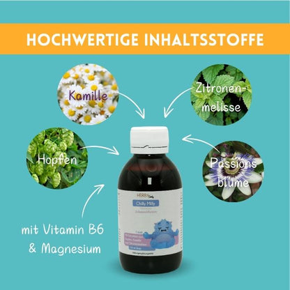 Chilly Milly enthält Pflanzenextrakte aus Hopfen, Kamille, Passionsblume und Zitronenmelisse, dazu Vitamin B6 und Magnesium